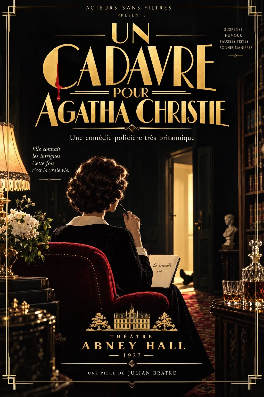 Affiche du spectacle Un cadavre pour Agatha Christie, une pièce de Julian Bratko